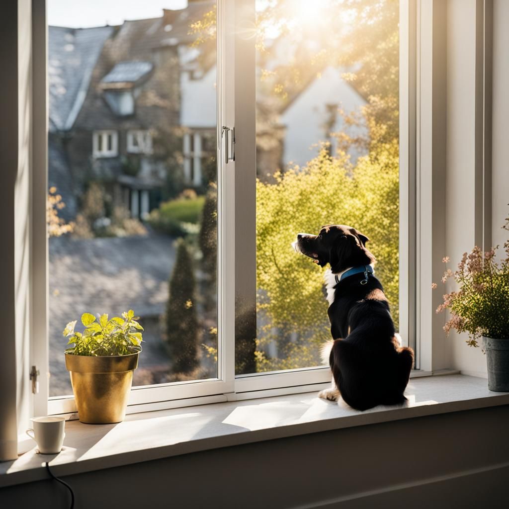happy dog at a window looking at his owner in the sunshine