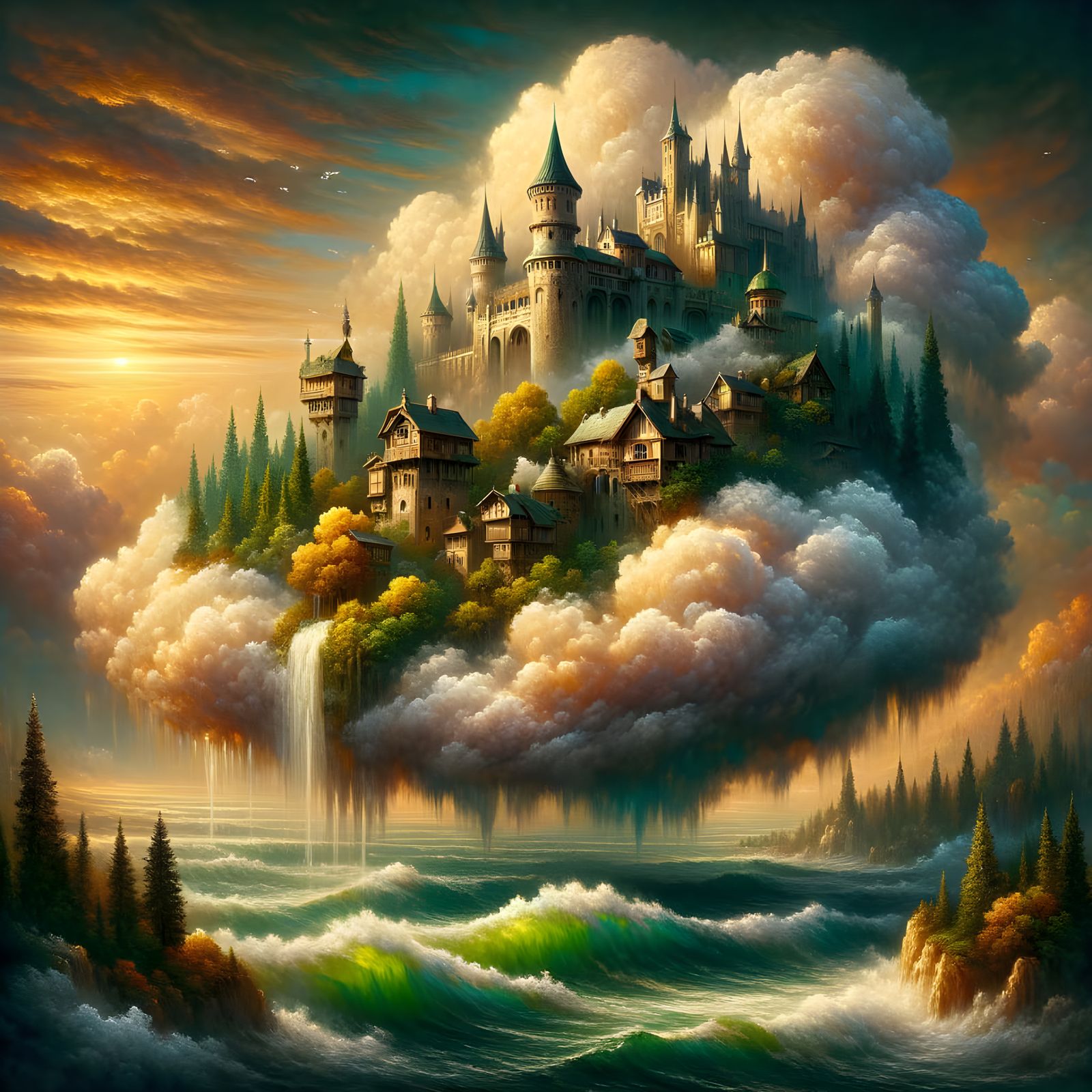 A floating medieval village, castle, houses, forest, fields all floating on a fluffy cloud over the ocean, ...  by @Irene