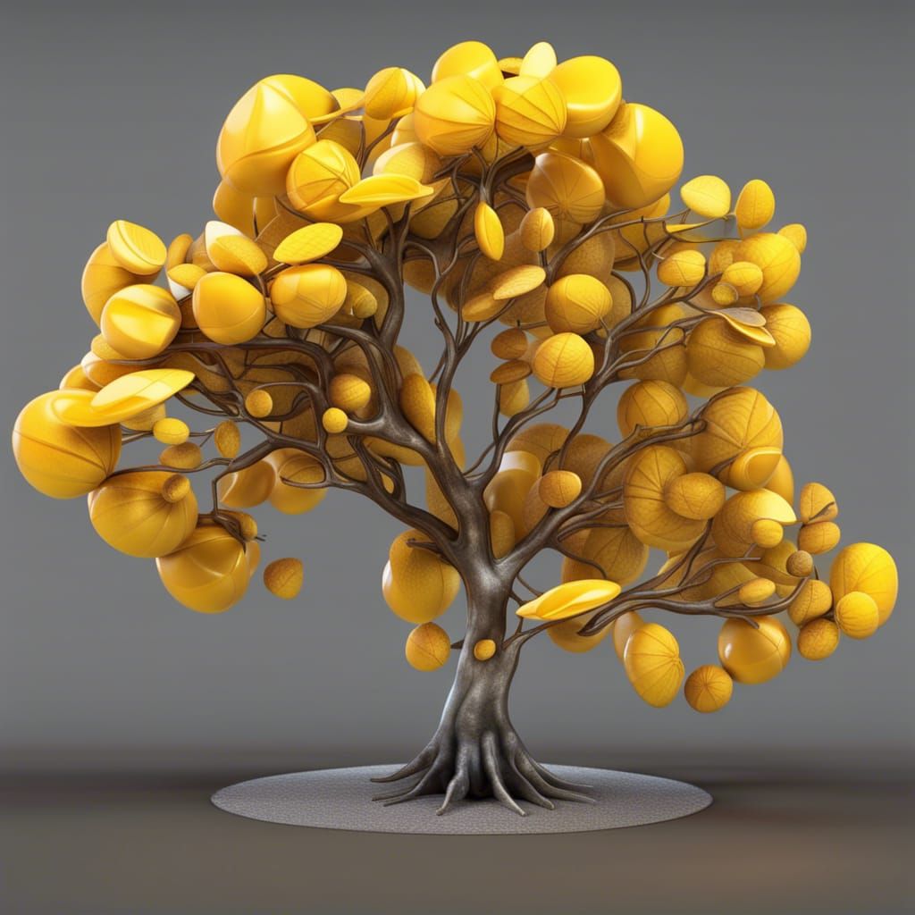 A 3D rendering of a tree with bright yellow leaves and an ab...