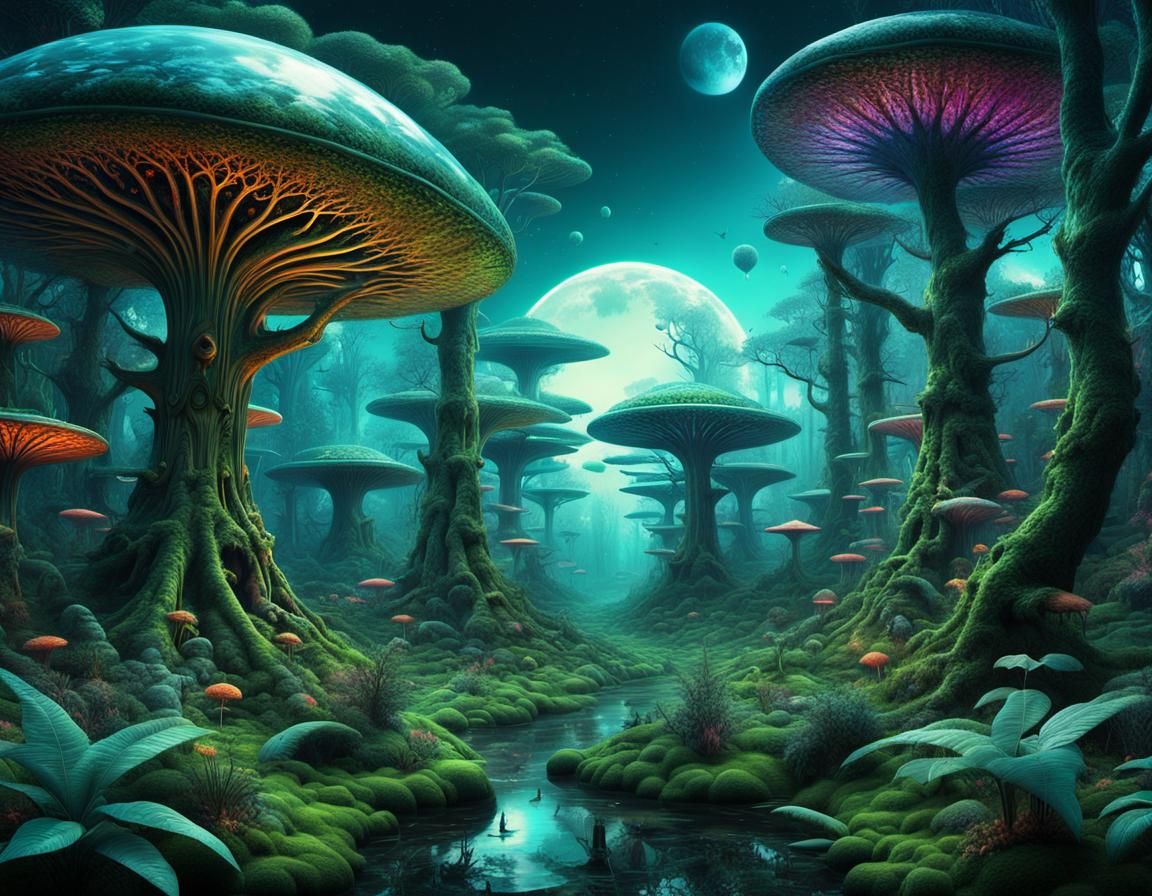 Panoramic primeaval alien forest - AI Generated Artwork - NightCafe Creator