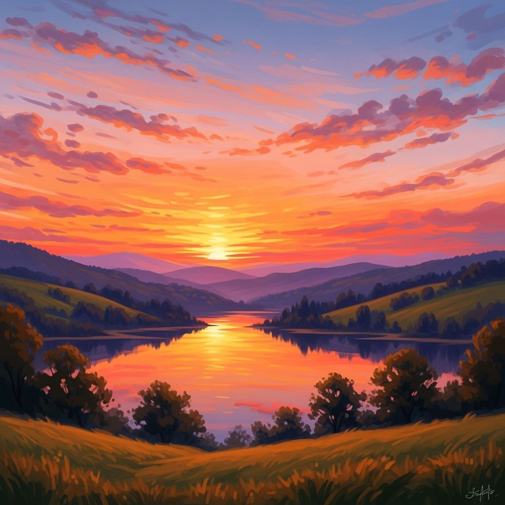 Golden Sunset Landscape in Impressionist Style