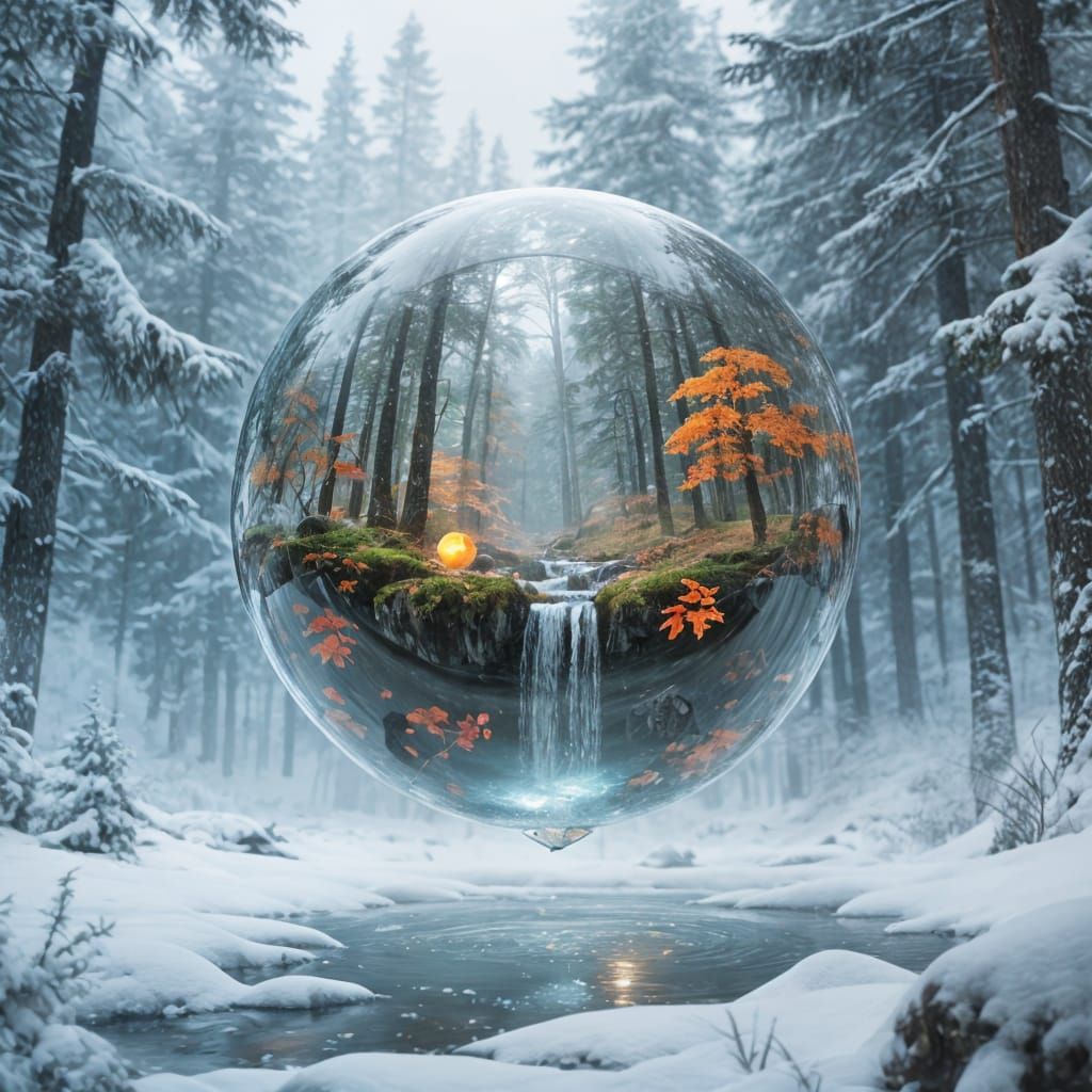 Giant Water Sphere Encapsulating Autumn Forest Above Snowy L...