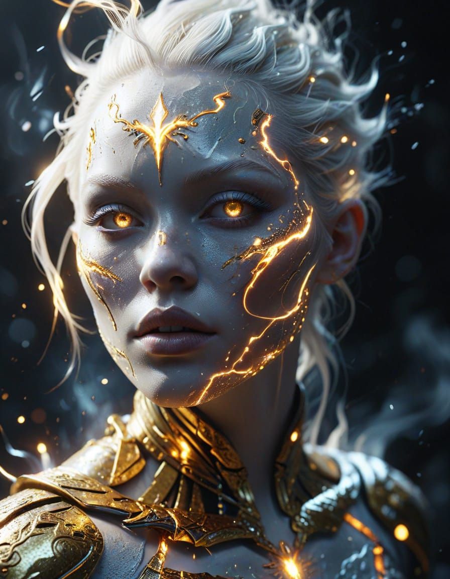 Albino Face of Smoke and Lightning in Futuristic Armor