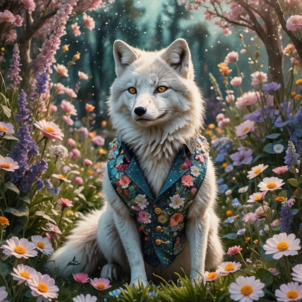 Arctic Fox in Garden: Detailed Pastel Fantasy