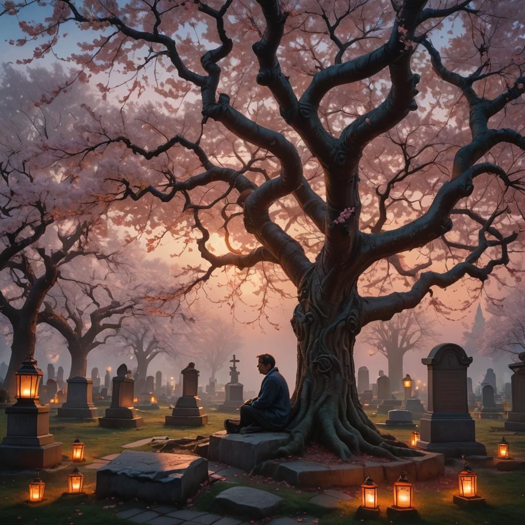 a twisting cherry tree, a grave is next to it, and a man sits by the grave facing the sunset
  by @Fantasy Fox