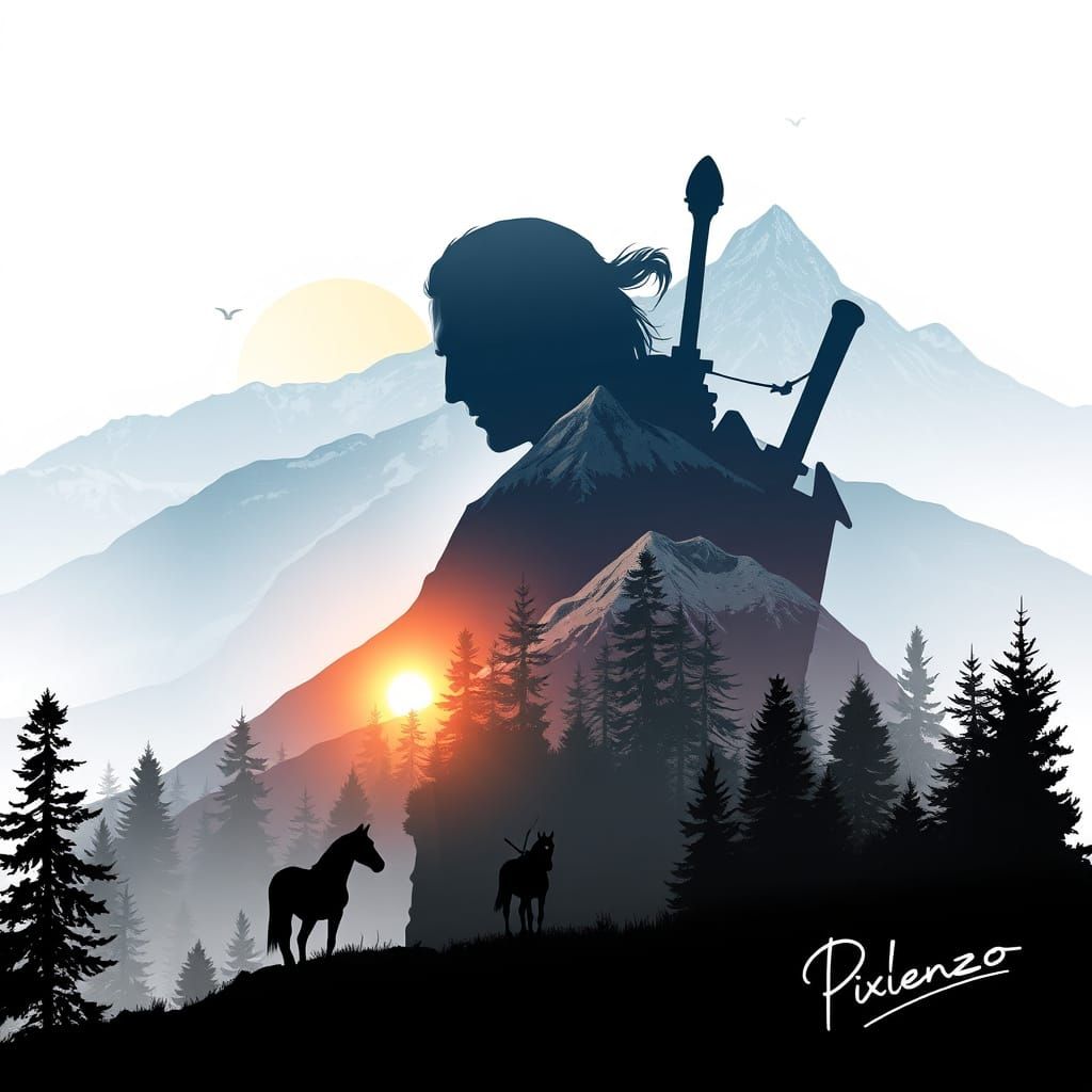 The Witcher Amidst Pine Forests in Vibrant Double Exposure