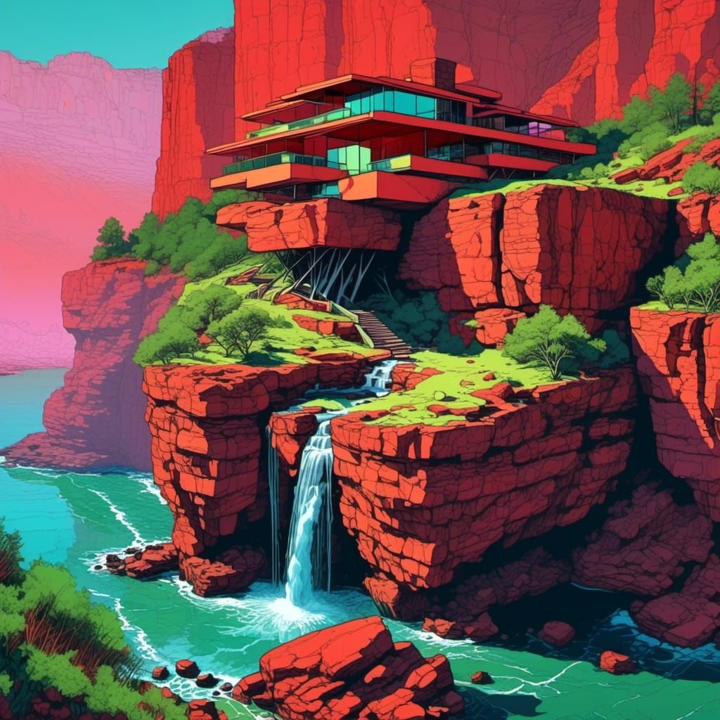 A stunning scene of an incredible impossible architecturally designed cliffside house on the edge of a beautiful watering hole with a small...