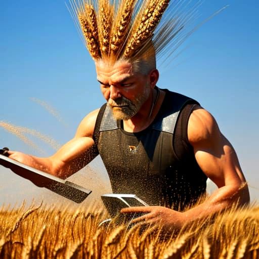 Wheat grain pouring from the combine's grain pipeline into the body.