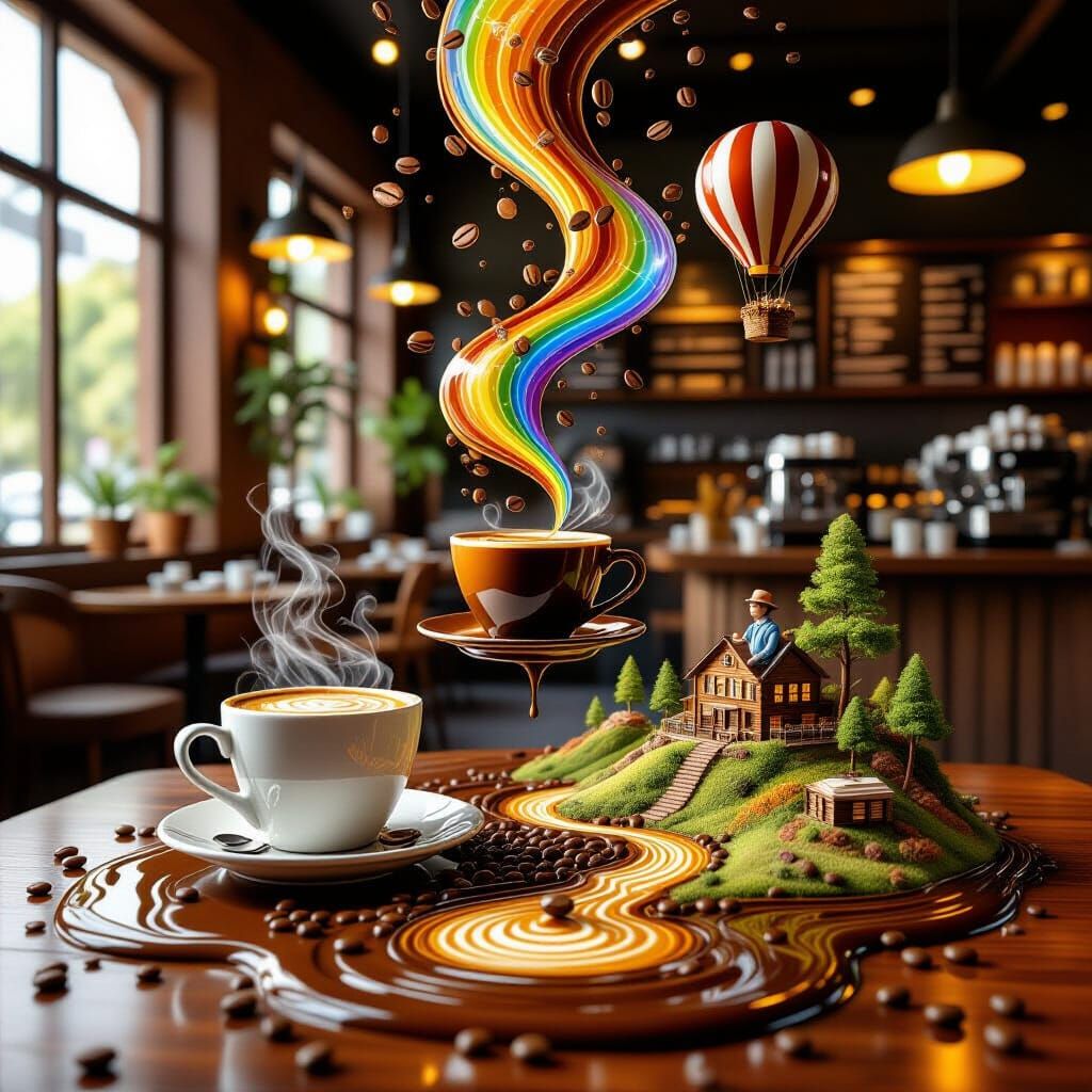 Hyperrealistic café where liquid coffee paint spills from floating espresso cups creating 3D miniature ...  by @Autosmagic