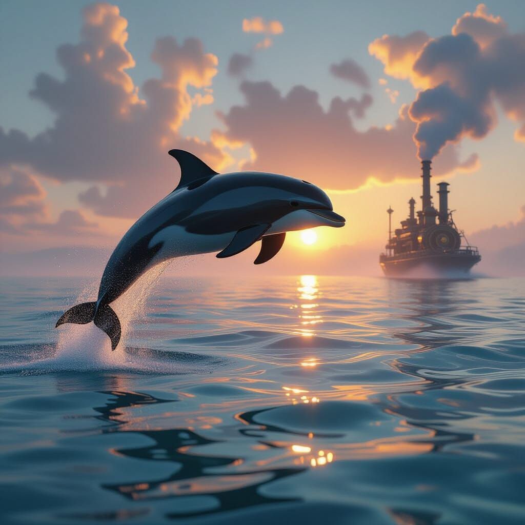 Dolphin Leaping at Sunset with Steampunk Elements