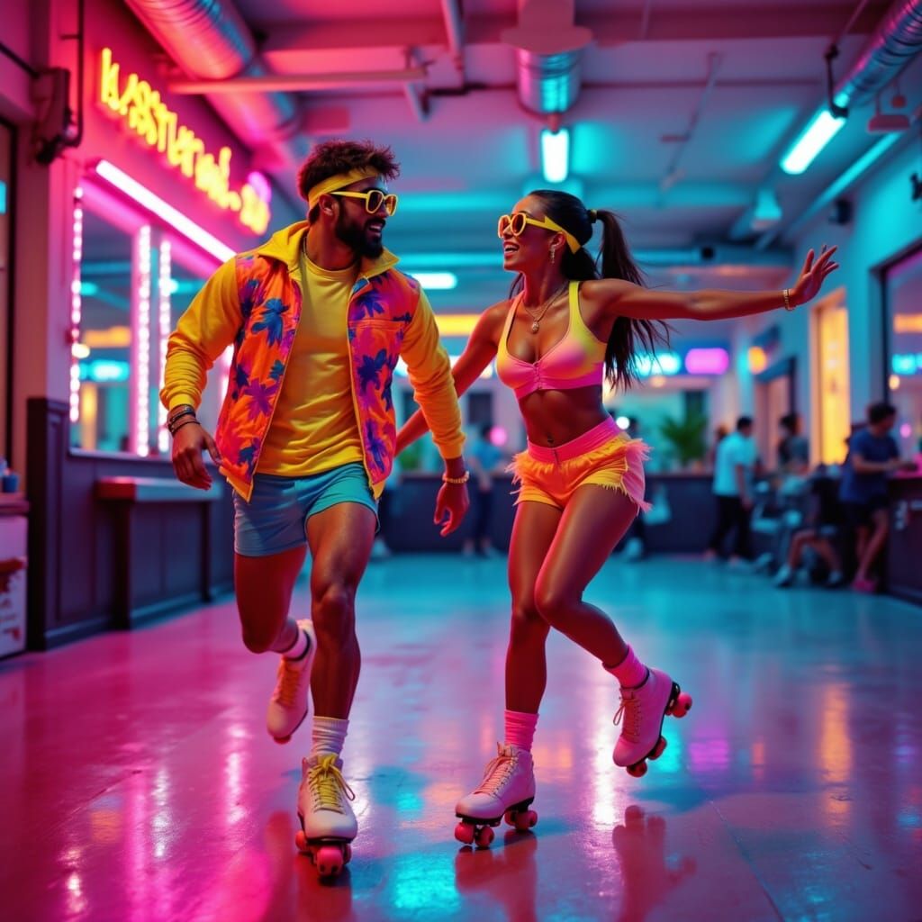 <lora:80s Leisure Shots:1.0> A man and woman roller skating under neon lights, dressed in vibrant 80's workout gear. The man sports a headba...