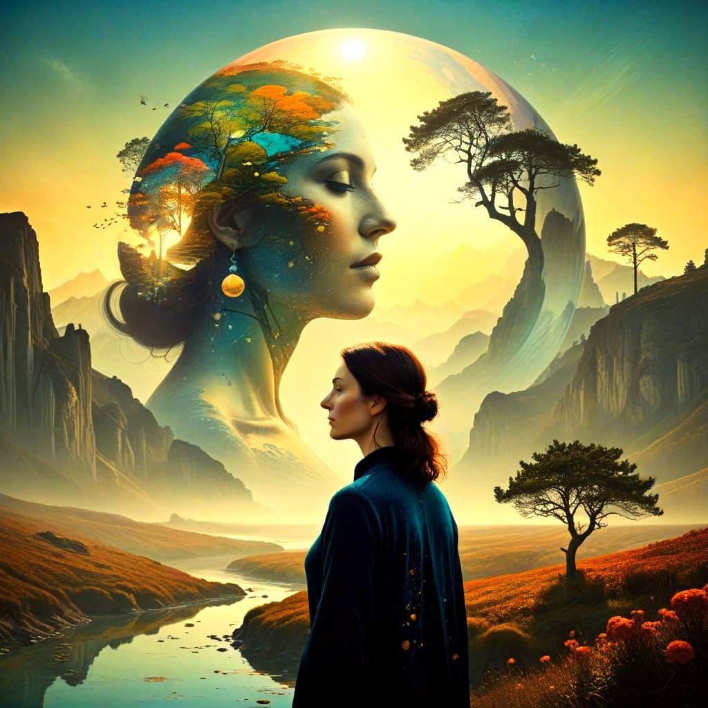 Surrealistic Lady in a Fantastical Landscape