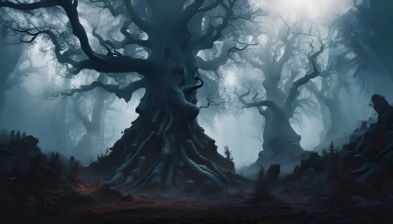 A Black forest, scary, terrifying, big scary trees, mysterious fog ...