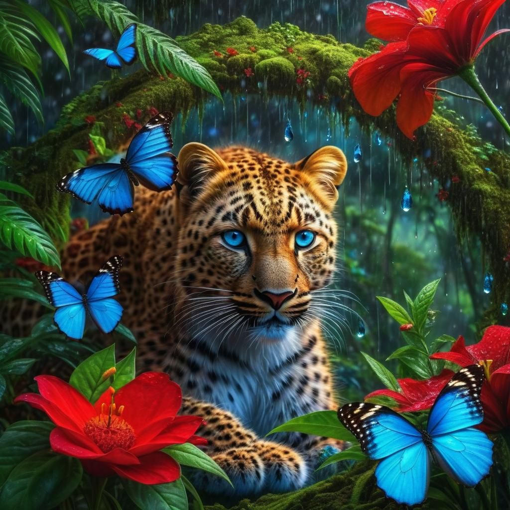 Jaguar inspecting a Blue Morpho butterfly - AI Generated Artwork ...