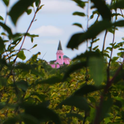 pink overgrown church in distance