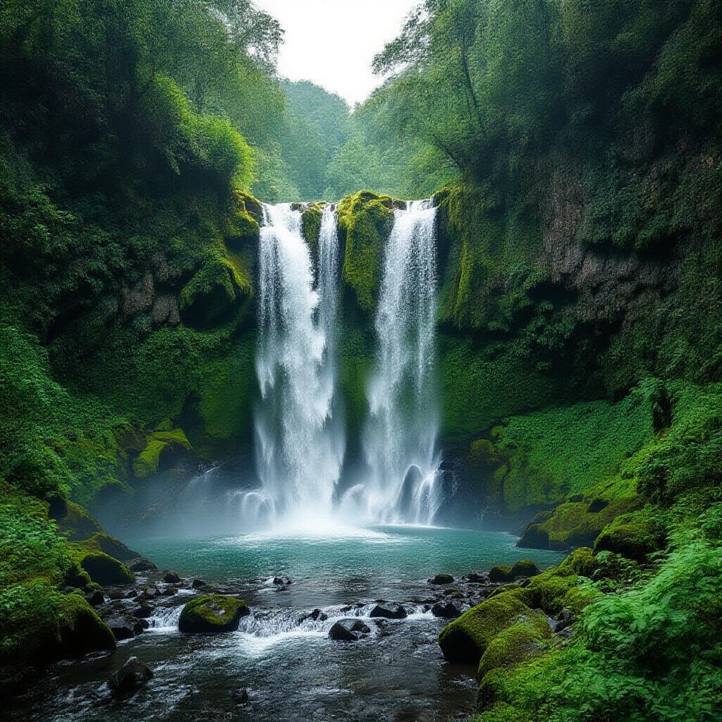 מפל מיים תכל שנראה ממש אמיתי ומציאותי ומלא מיים שמהמפל נשפכים על דשא ירוק אמיתי ממש!