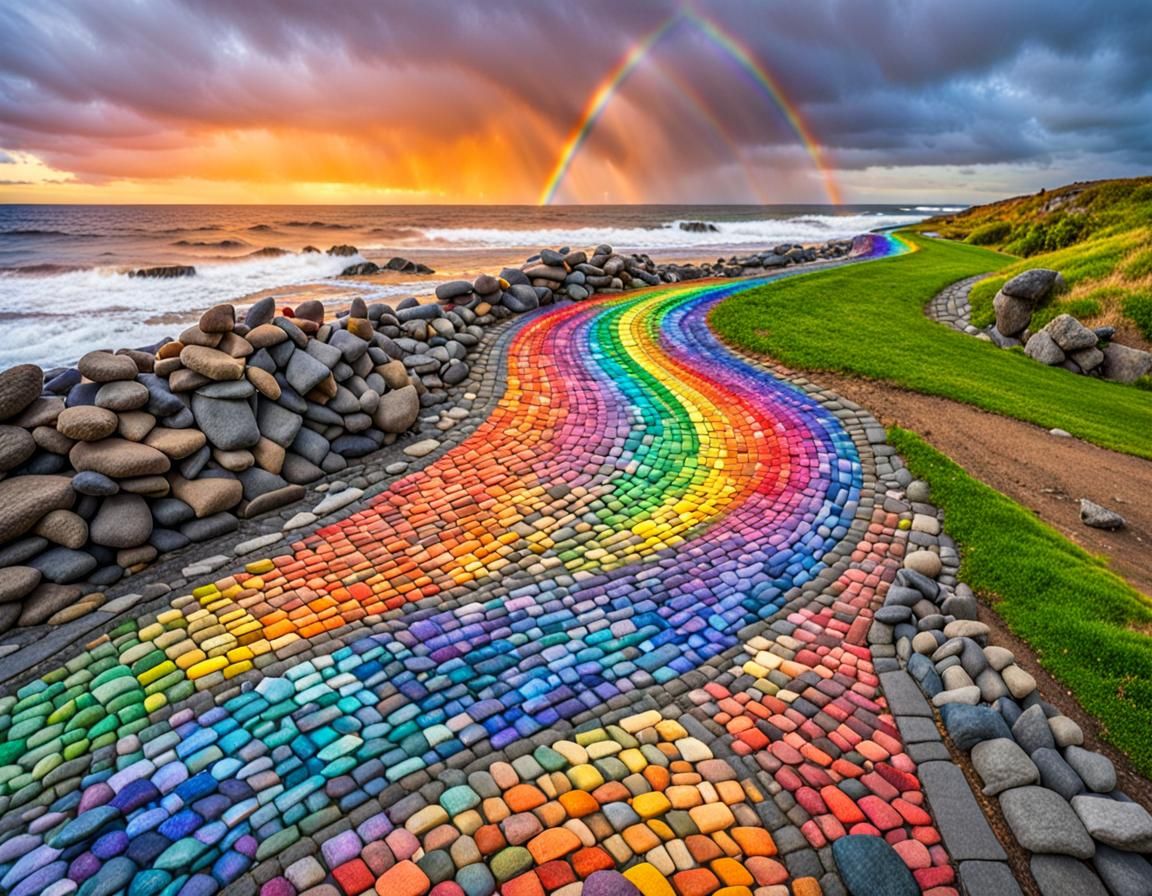 Rainbow road, a cobblestone path where the stones are colors of the rainbow and laid out like a rainbow, ...  by @A Secret McDaniel