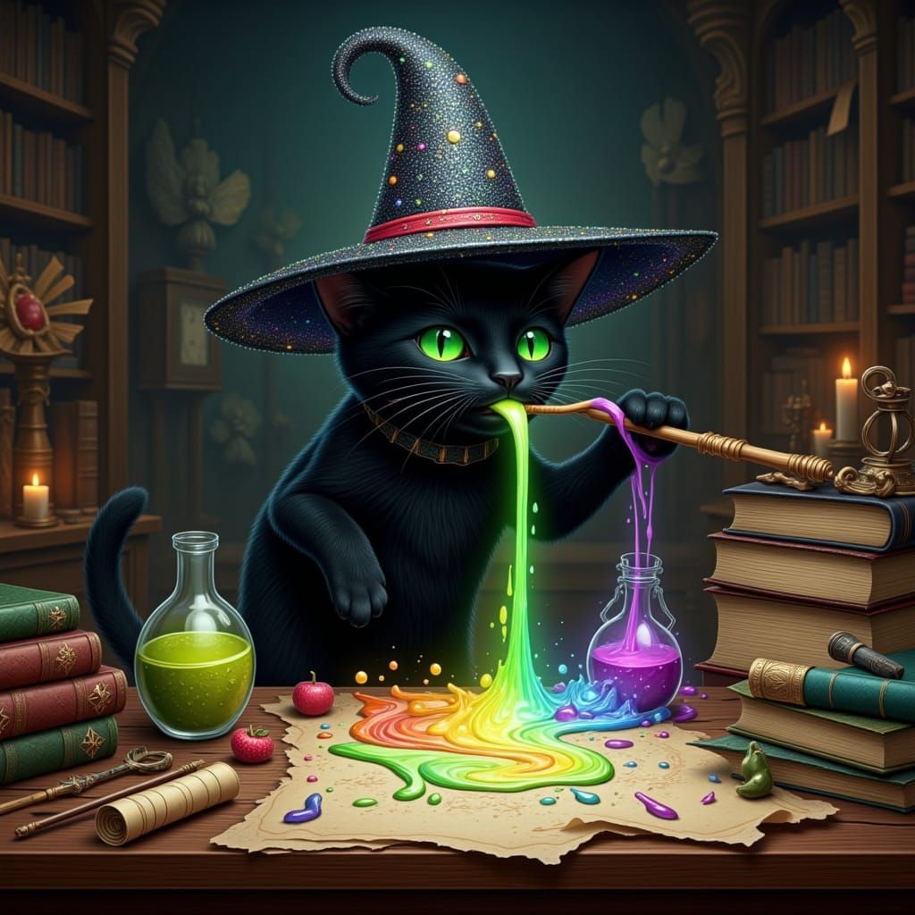 A black cat with emerald green eyes spilling potions over a cluttered wizards desk with a glowing wand in mouth making a mess <lora:Albus th...