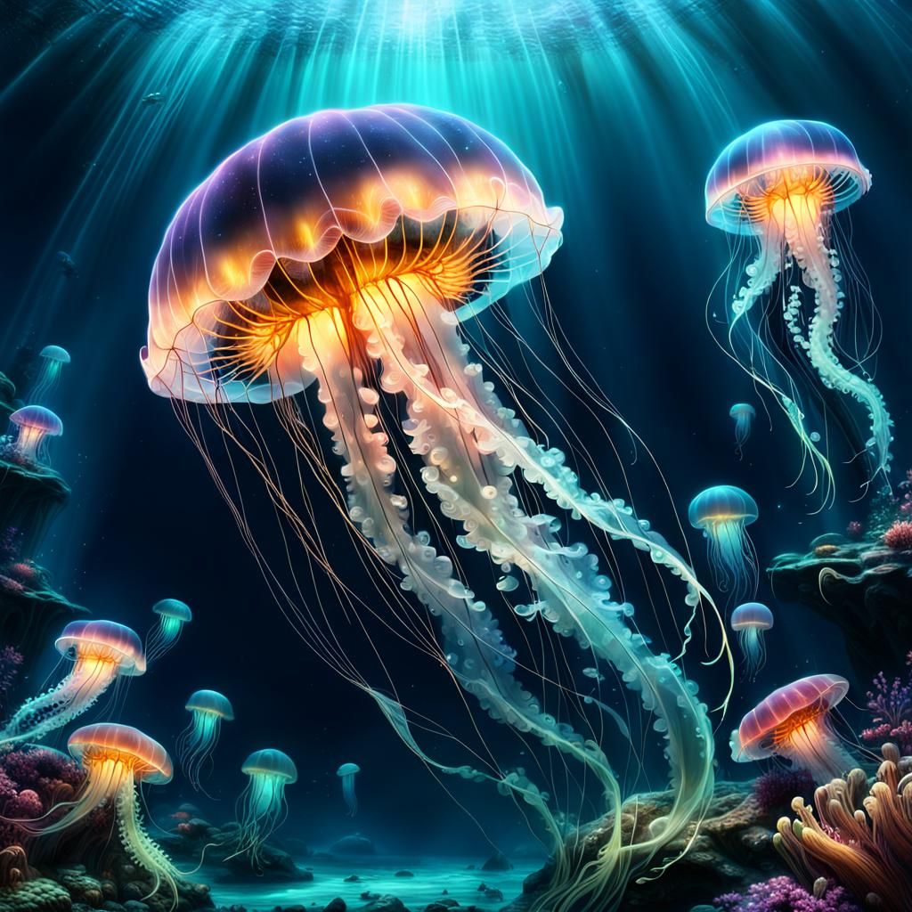 Deep-Sea Wonders: The Glowing Jellyfish of the Abyss  by @Artless