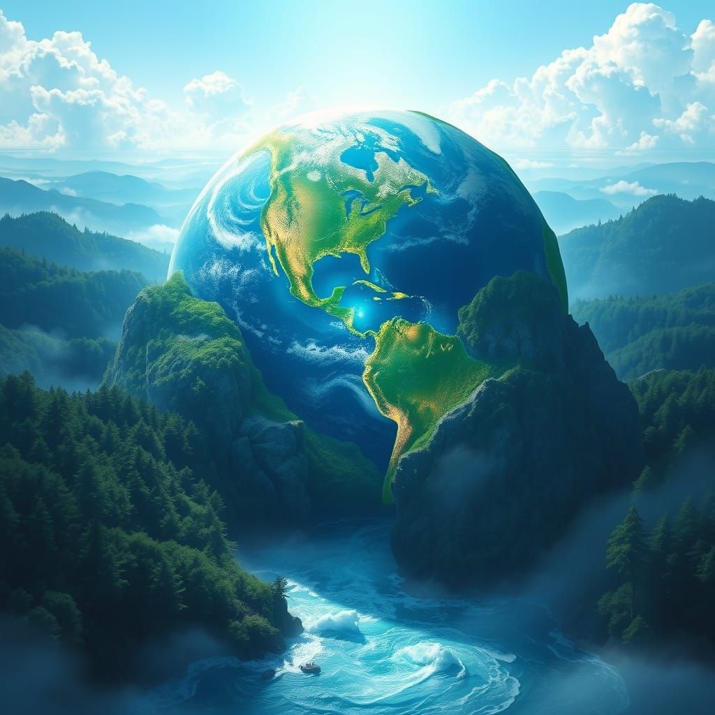 Serene Mother Earth, wrapped in a delicate blue atmosphere, gently cradles vibrant life, surrounded ...  by @Renda