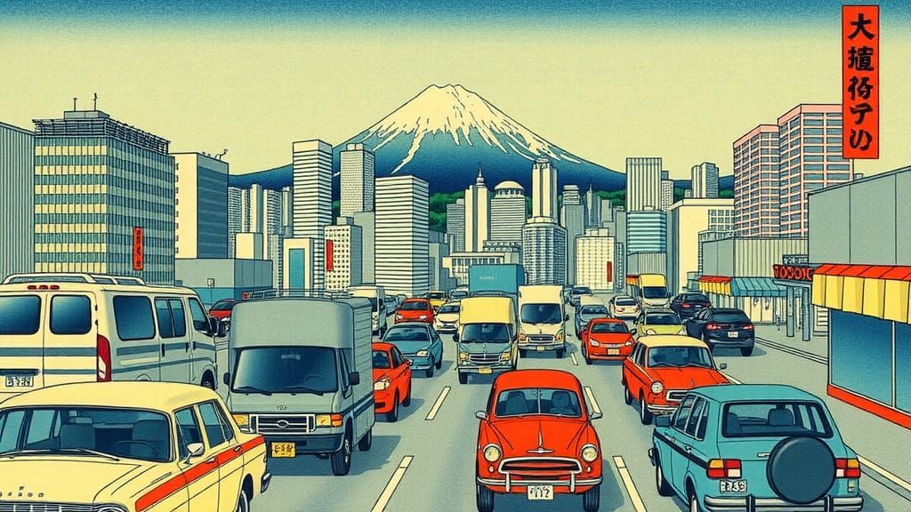 Art by Katsushika Hokusai, modern city traffic jam, vehicles...