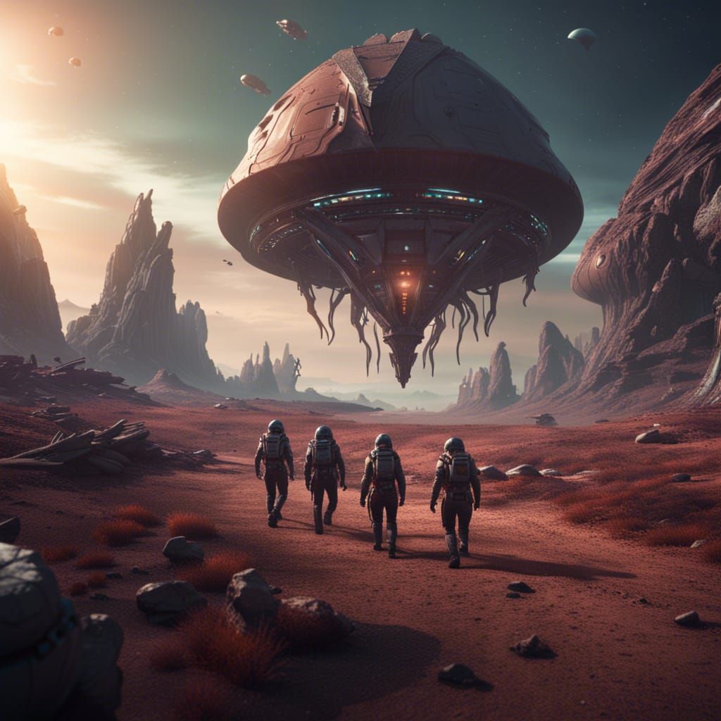 4 person crew of a starship advancing in an alien landscape - AI ...