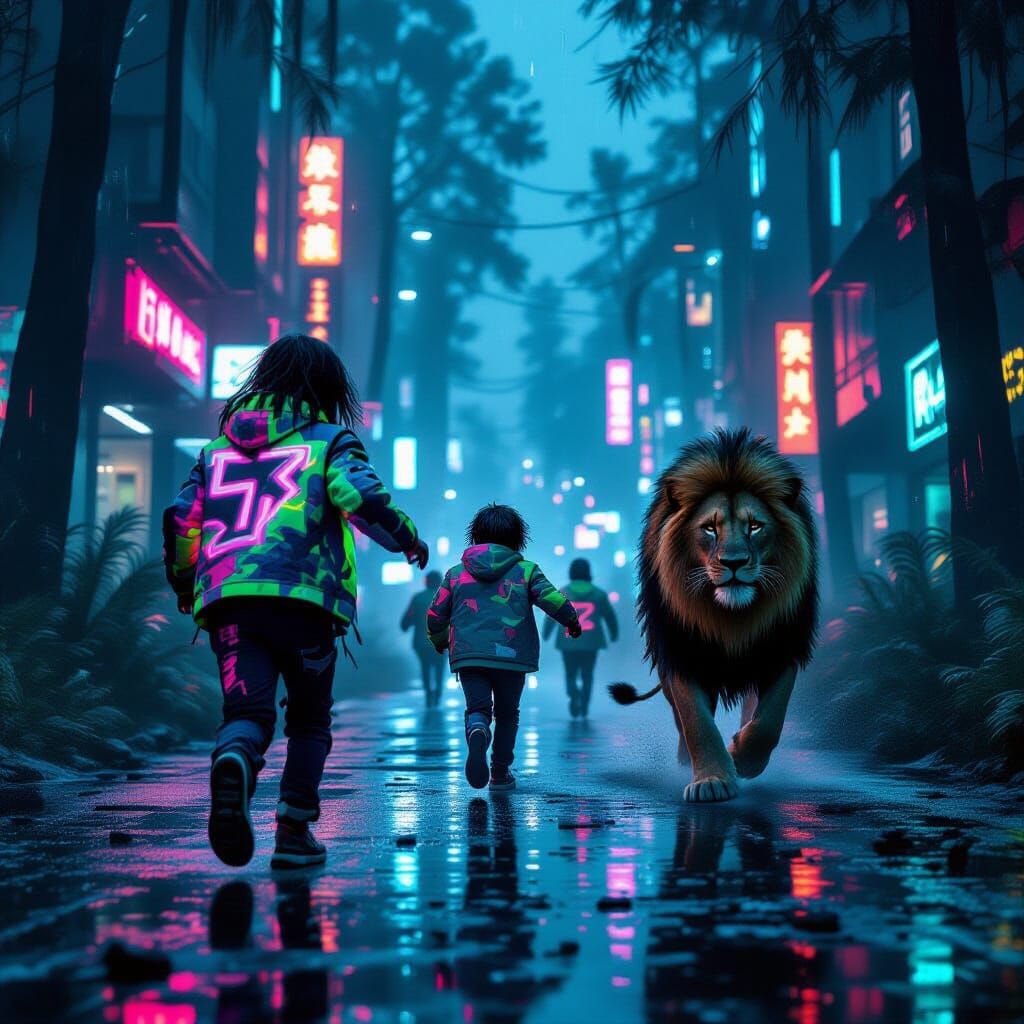 Cyberpunk Jungle Children Escape Lion in Neon Forest