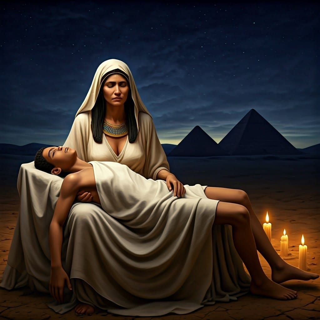 Heartbroken Mother Cradles Lifeless Son Under Starry Ancient...