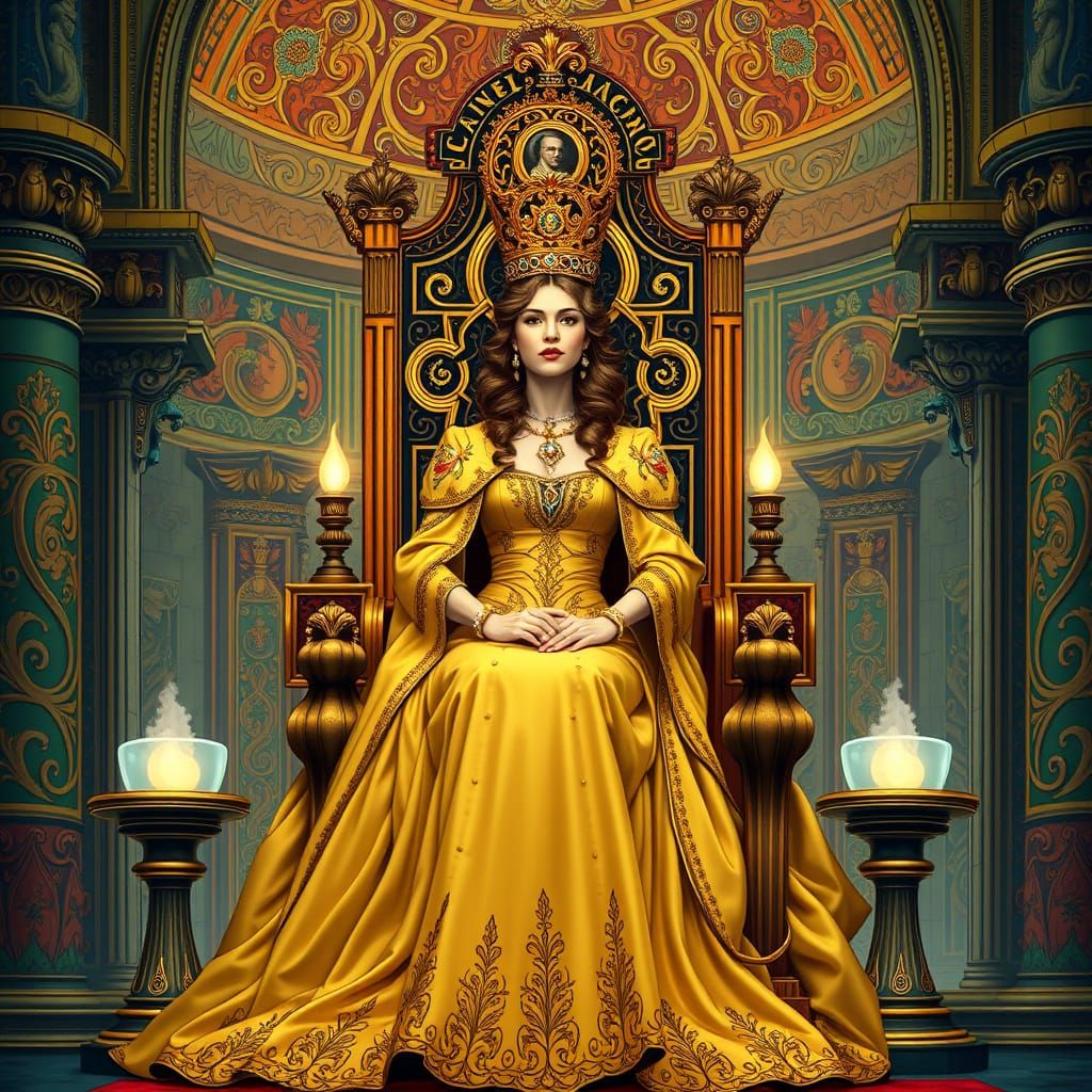 Queen in Palace: Alphonse Mucha Inspired Art Nouveau