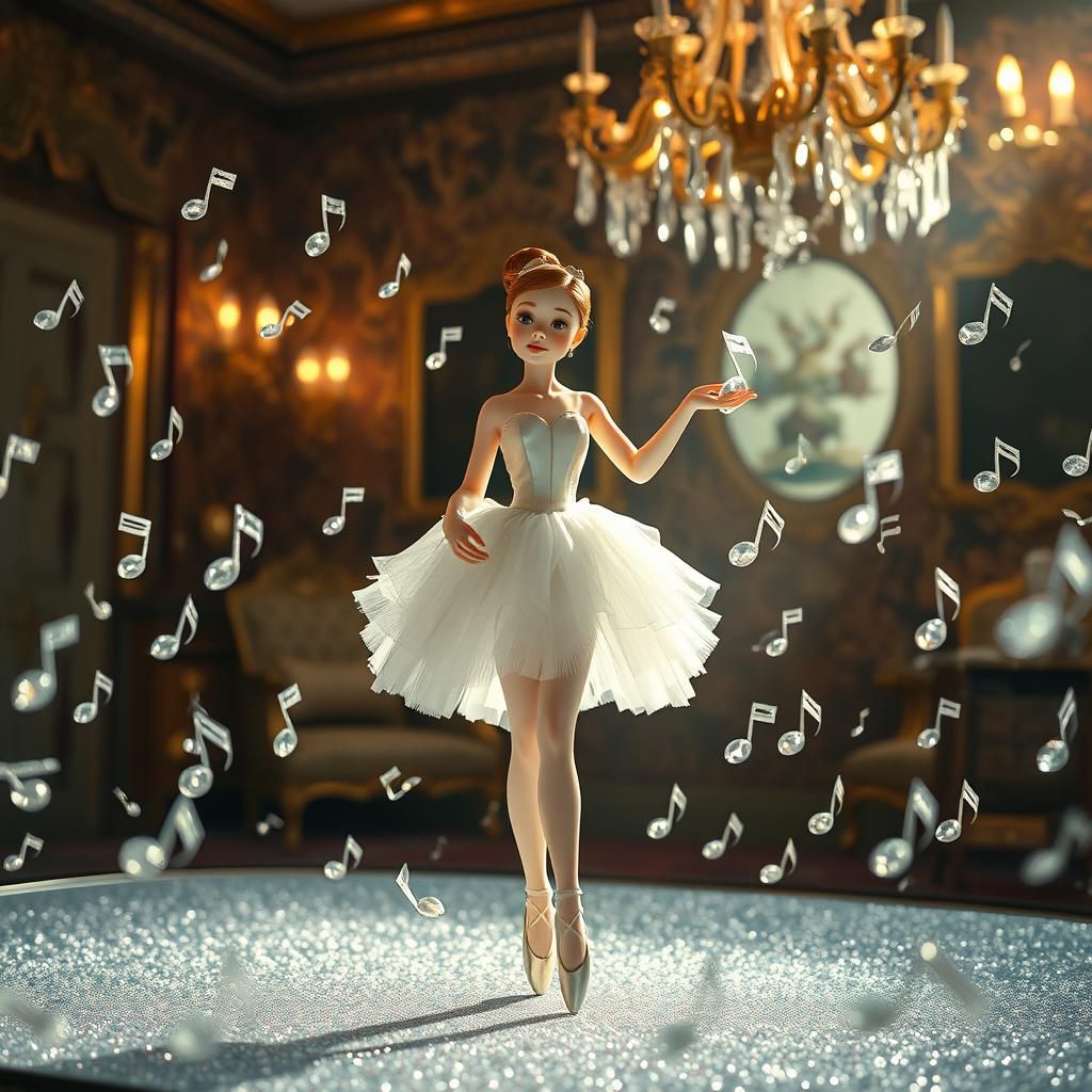 A delicate music box ballerina with porcelain skin, rosy cheeks, and a graceful expression, dressed in ...  by @Wesly 