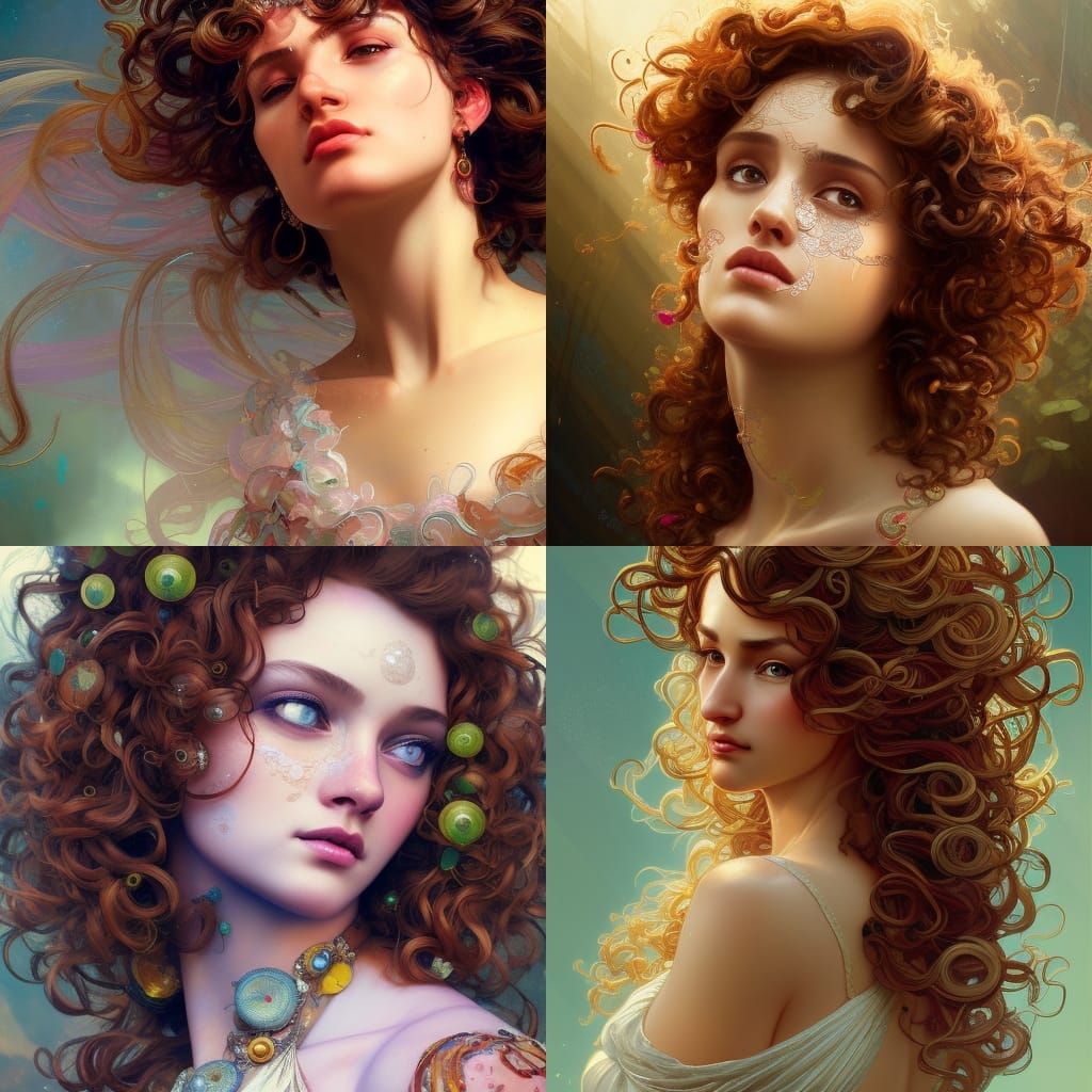 Colourful curly hair, detailed eyes, gorgeous, smooth skin, ...