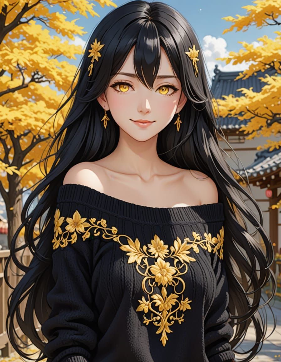 Full shot. Long flowing black hair. Yellow eyes. Subtle smile. Wearing a black off shoulder pullover ...  by @Phoenix Patapon
