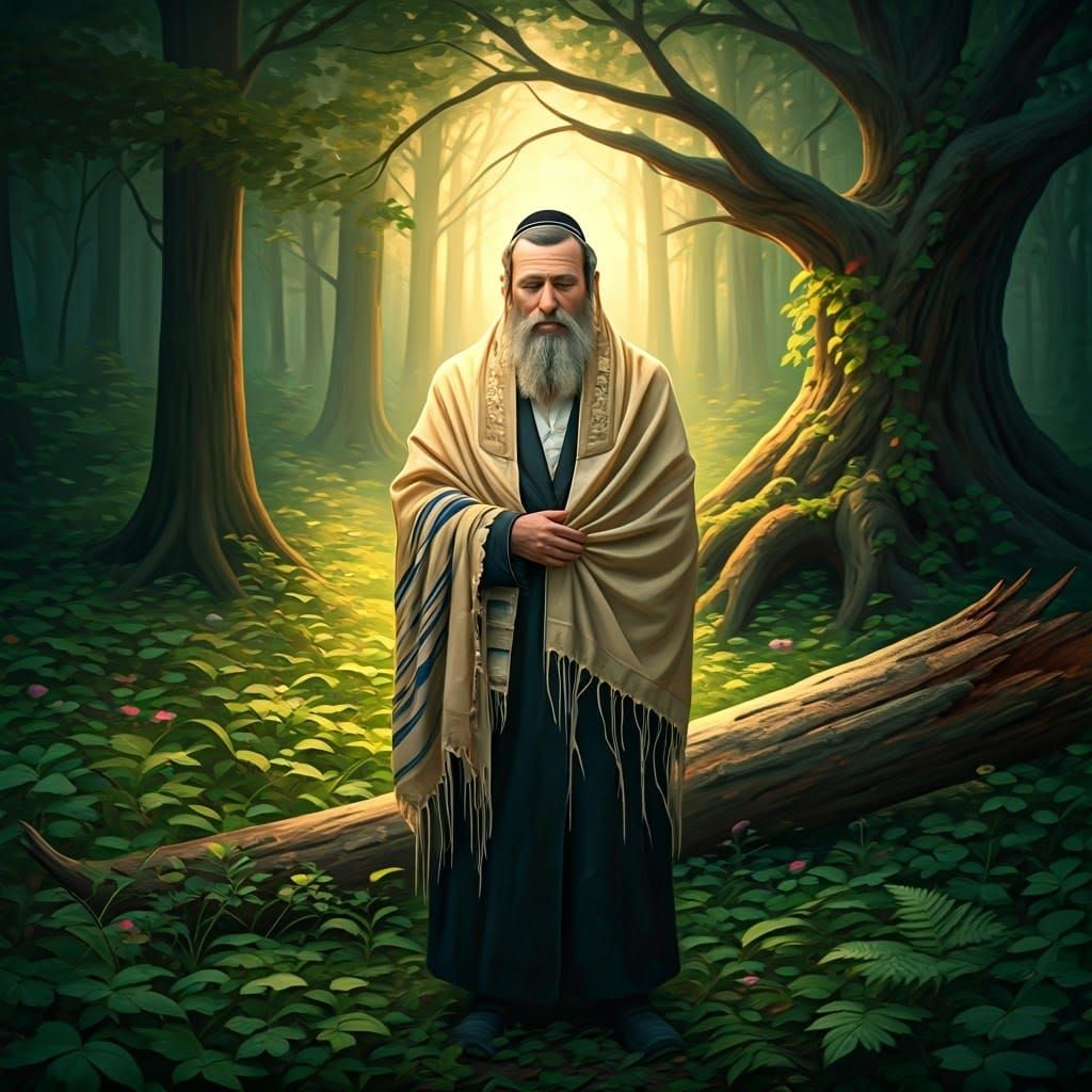 A Devout Hasidic Man in Contemplation Amidst the Emerald For...