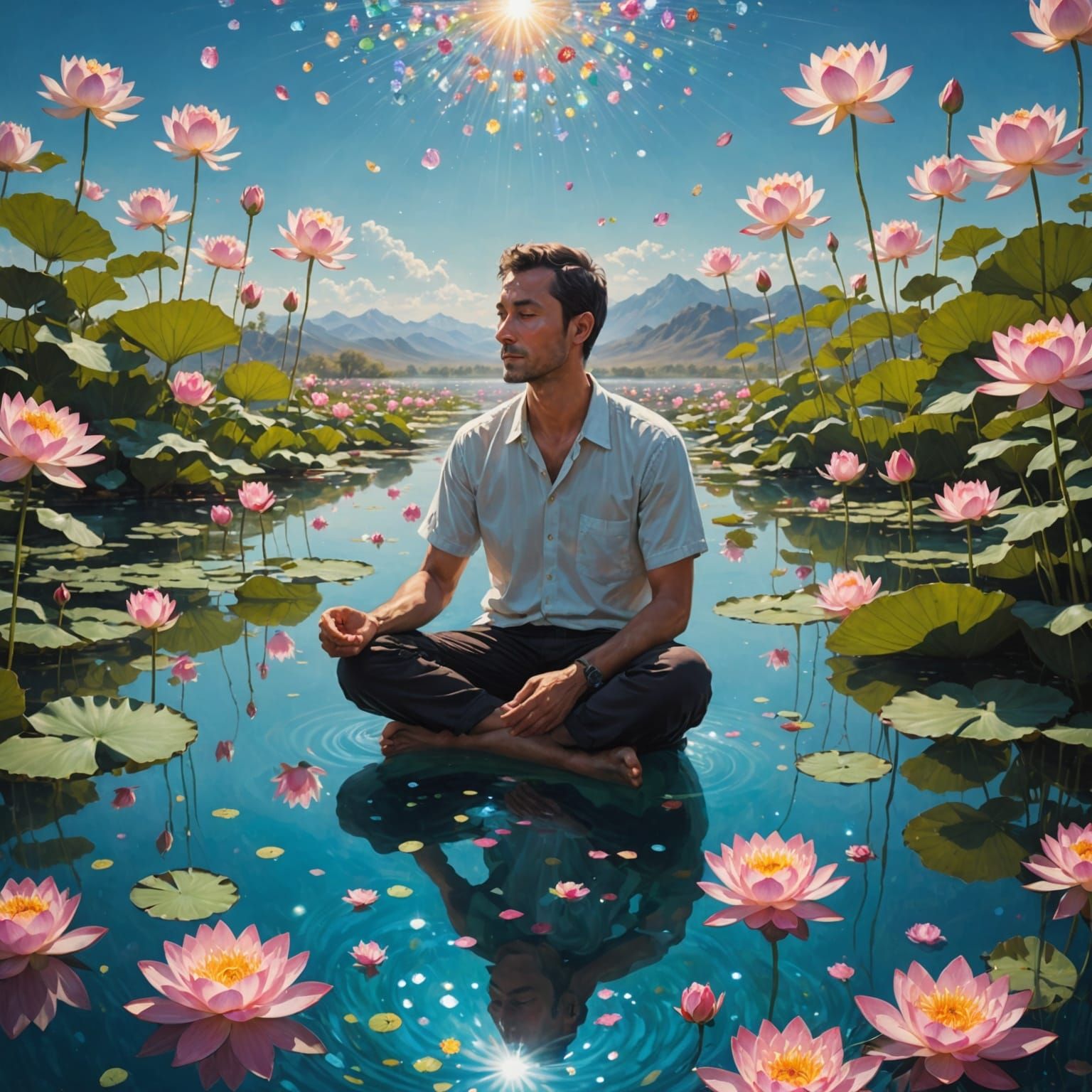 have the man meditating on top of the mushrooms; make the mushrooms purple - Start Image 1