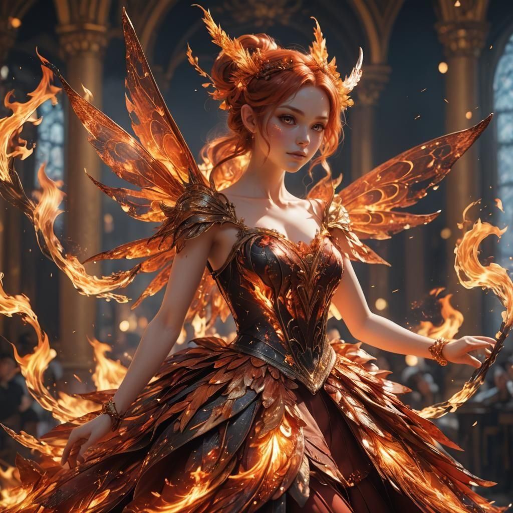 a beautiful fire fairy in a ballroom dress