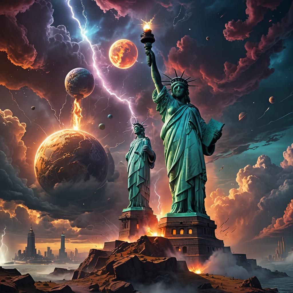 Statue of liberty walking on a planet