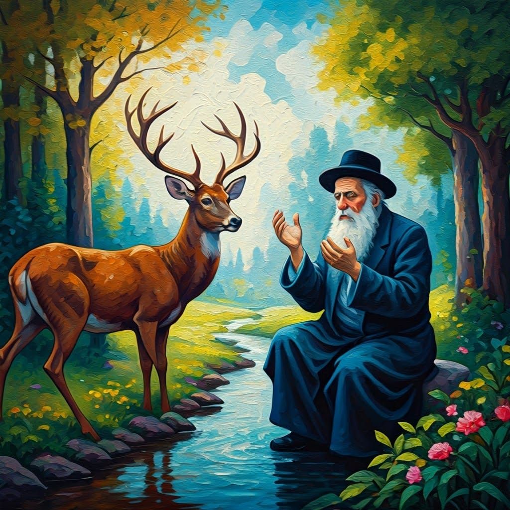 Deer and Hasidic Man: Dreamlike Impressionist Scene