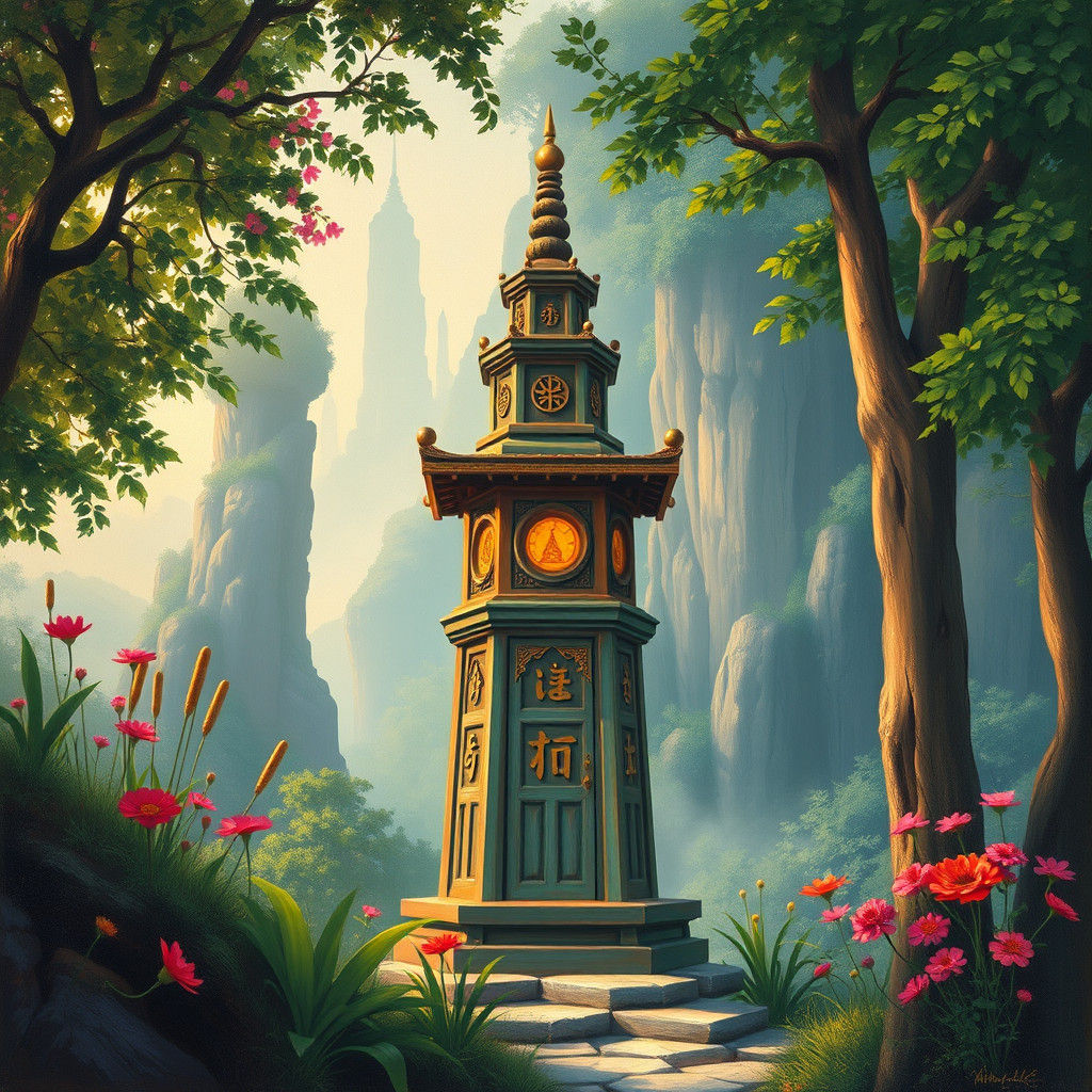 Neo-Impressionist Scripture Painting with Incense and Tower