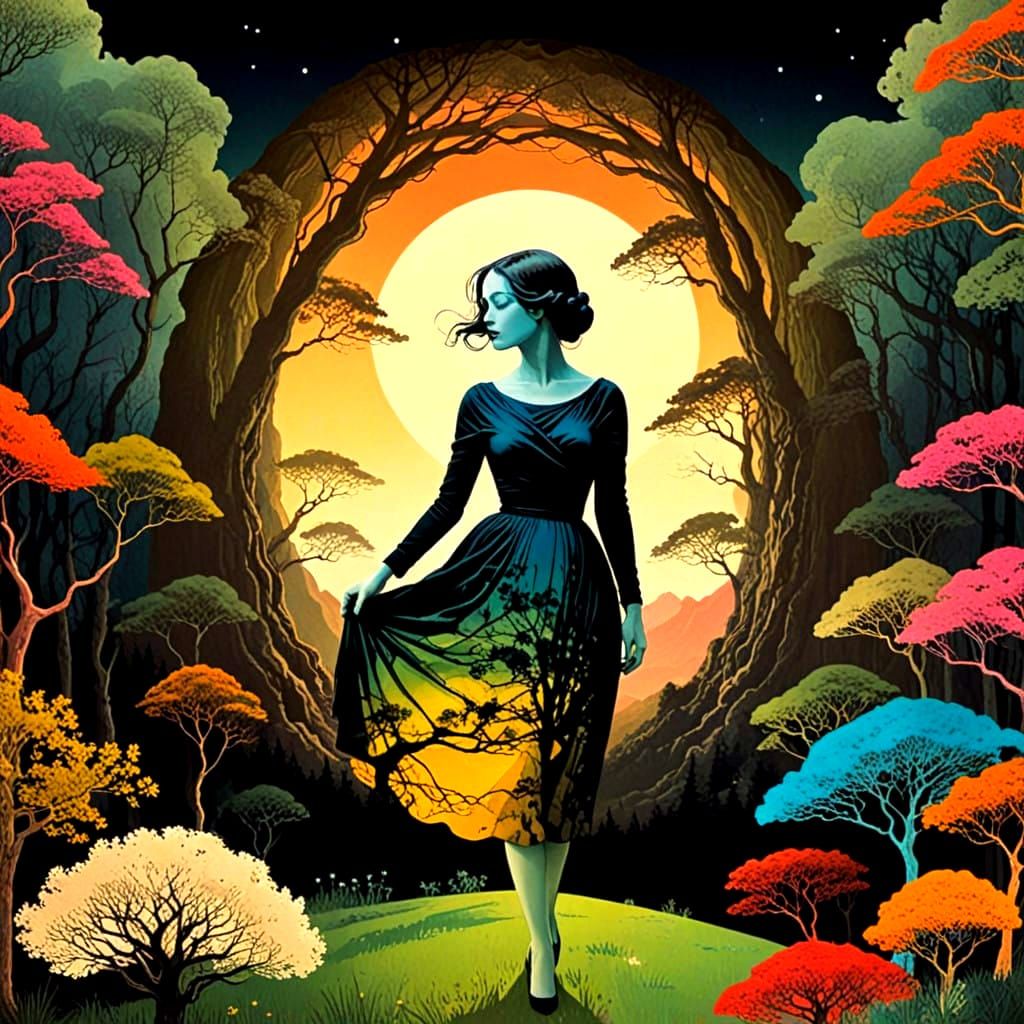 Surrealistic Lady in a Vibrant Fantasy Landscape