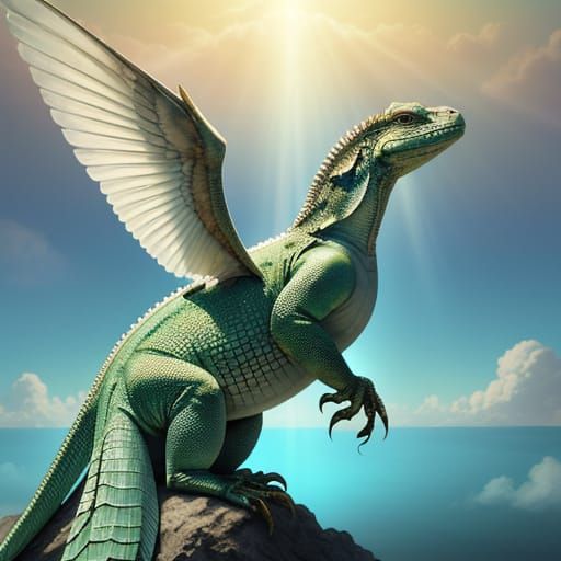 Surreal Iguana With Wings in Dreamlike Clouds