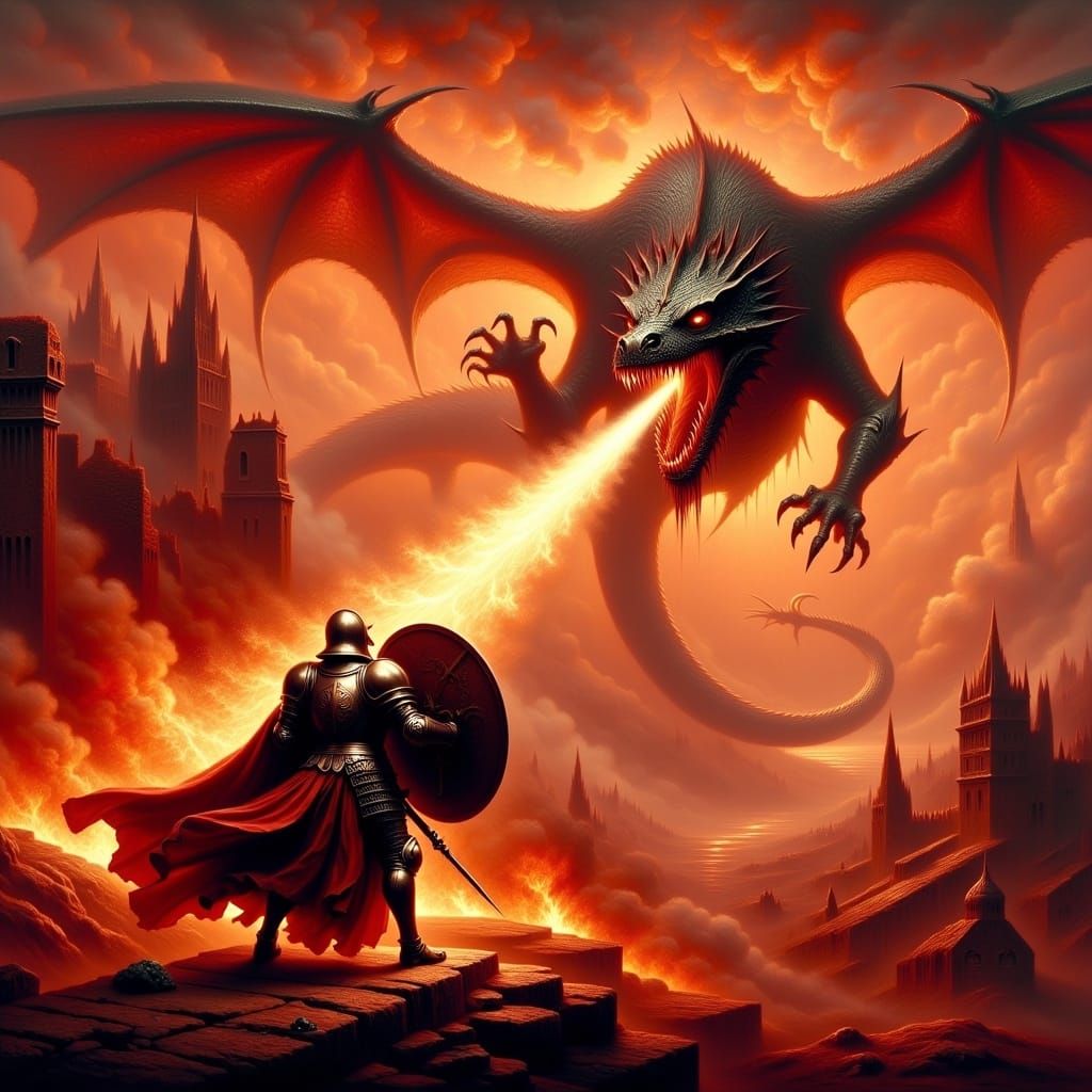 cinematic medieval epic oil painting, middle ages classic legendary flying dragon spitting fire towards intricate medieval armored knight :...