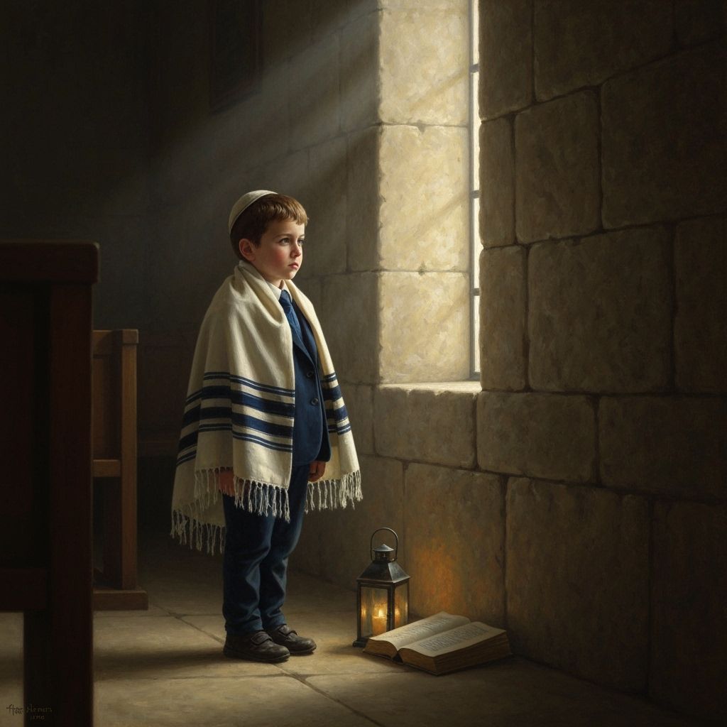 Boy in Father's Tallit at Synagogue
