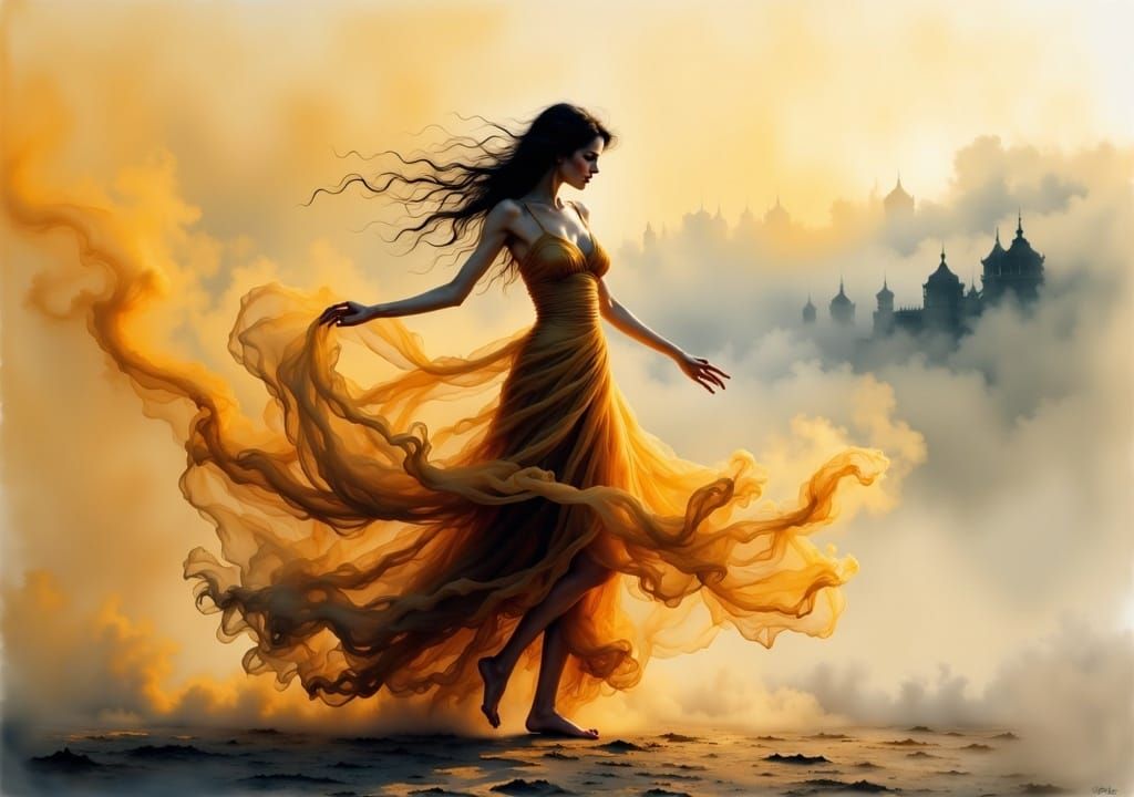 Dancing barefoot on sunrise in a dress made of golden smoke and sunrays. <lora:FLUX - Smokedance:1.0> 