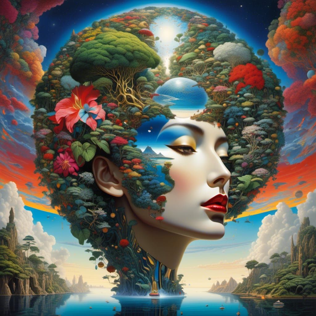 Floral Tropical Island Oasis, by <lora:Mindfulness:1.0> hyperdetailed, Tropical-bound surreal Polynesian head painting, 8k resolution. Insid...