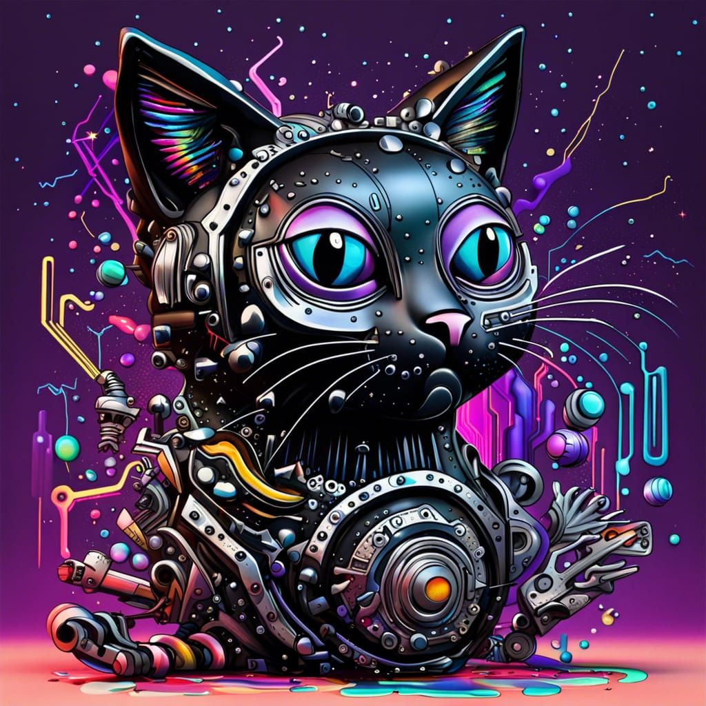 3d intricate details of a  robotic metal black cat