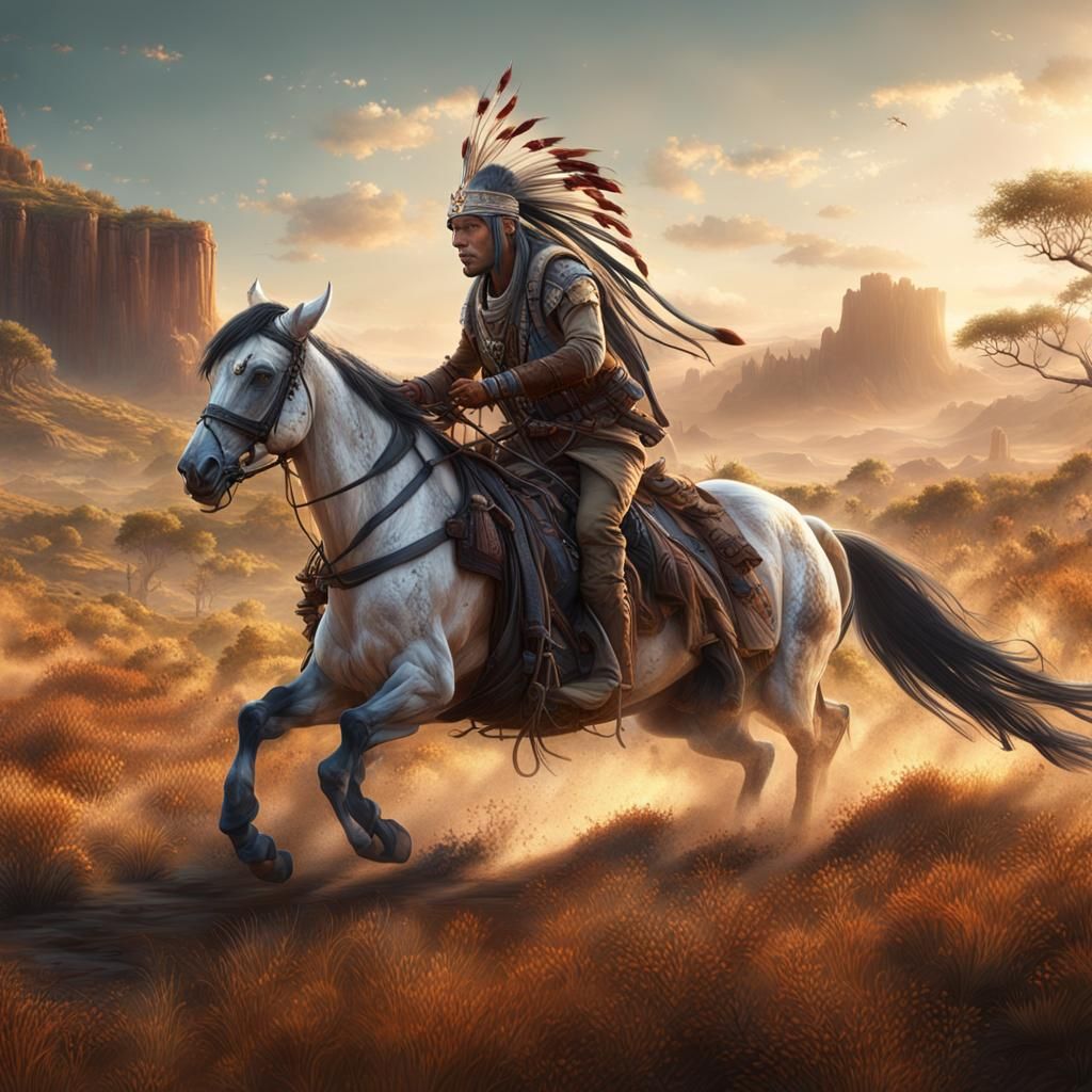 Un indio apache cabalgando s obre un caballo blanco en una pradera en el salvaje oeste   by @Rafael