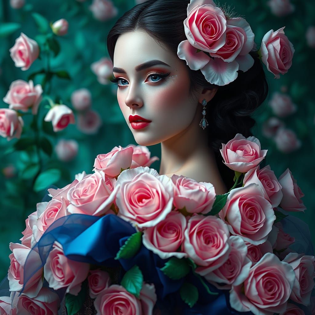 roses - Regal Woman Amidst a Tapestry of Roses in Hyper-Real...