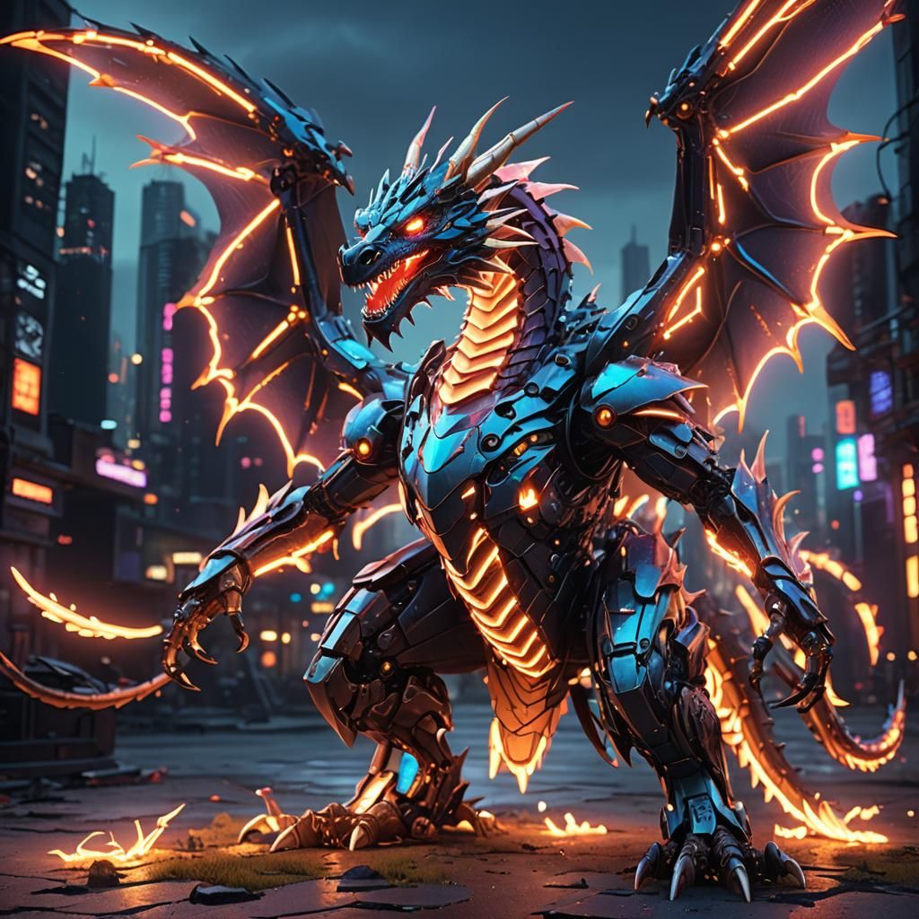 Luminescent Dragon with Neon Lights and Mech Details