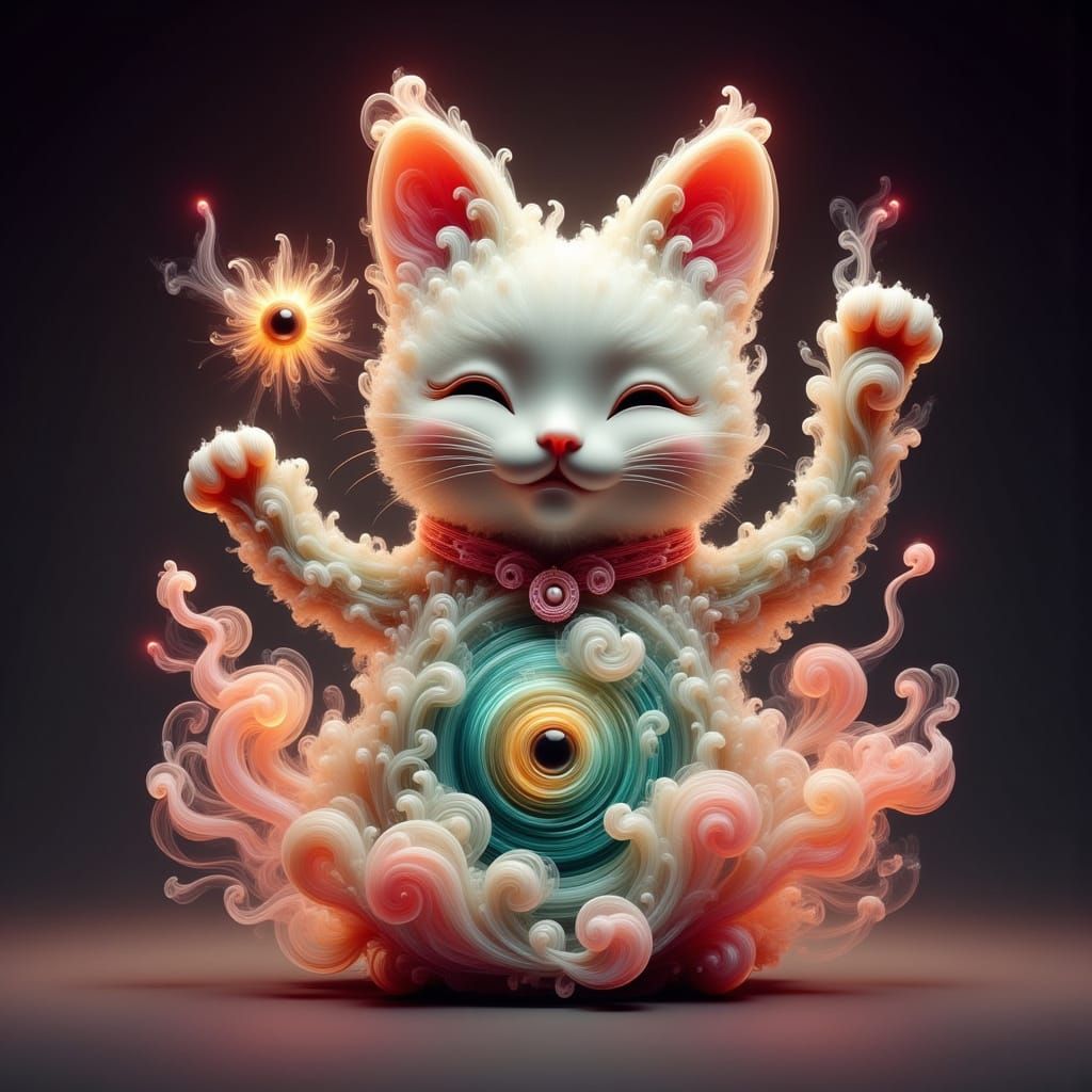 Ethereal Maneki Neko Figurine with Evil Eye Design