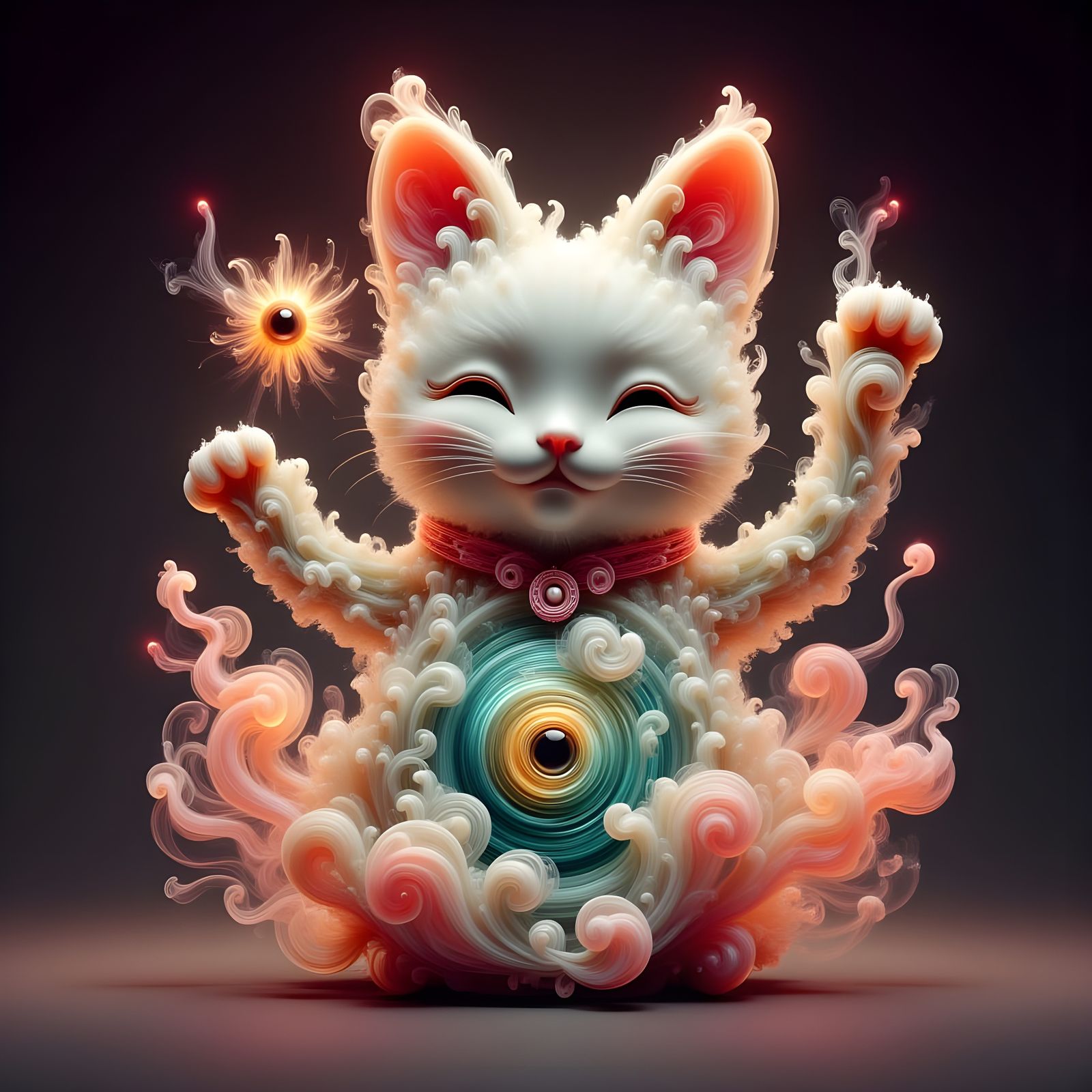 Ethereal Maneki Neko Figurine with Evil Eye Design